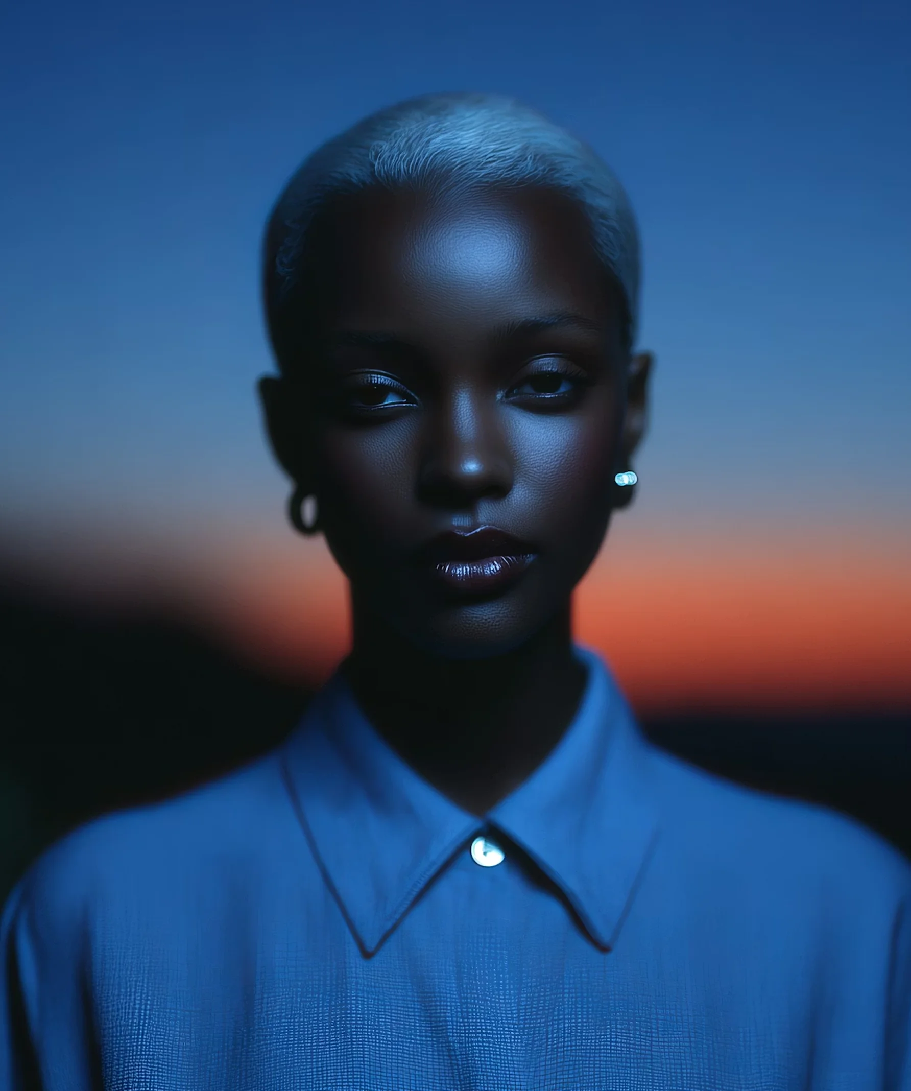 Portrait of a person with short white hair and dark skin wearing a blue shirt against a sunset background.